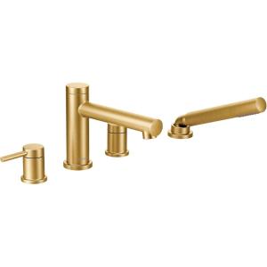 Moen T394BG Align 2-Handle Deck Mount Modern Roman Tub Faucet Trim Kit with Single Function Handshower, 4-hole Bathtub Faucets with Hand Shower Wand and Tub Spout, Valve Required, Brushed Gold(Brushed Gold)