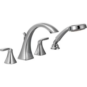 Moen T694NL Voss 2-Handle Deck Mount Roman Tub Faucet Trim Kit, Valve Required, Including Single Function Handshower, Polished Nickel(Chrome)