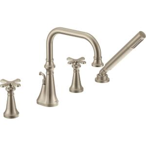 Moen TS44506BN Colinet Two Handle Deck-Mount Roman Tub Faucet Trim with Cross Handles and Handshower, Valve Required, Brushed Nickel(Brushed Nickel)