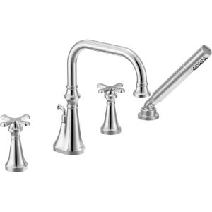 Moen TS44506BN Colinet Two Handle Deck-Mount Roman Tub Faucet Trim with Cross Handles and Handshower, Valve Required, Brushed Nickel(Chrome)