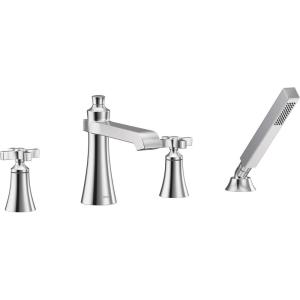 Moen TS929 Flara 2-Handle Deck Mount Cross Handle Roman Tub Faucet Trim Kit, Valve Required, Including Single Function Handshower, Chrome
