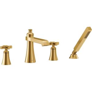 Moen TS929BG Flara 2-Handle Deck Mount Cross Handle Roman Tub Faucet Trim Kit, Valve Required, Including Single Function Handshower, Brushed Gold