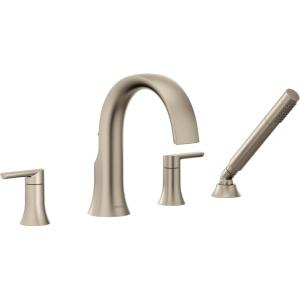 Moen TS983BL Doux Two-Handle High Arc Deck-Mount Roman Tub Faucet Trim with Handshower, Valve Required, Matte Black(Brushed Nickel)