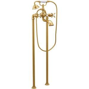 Moen Weymouth Brushed Gold Two-Handle Freestanding Tub Filler with Cross-Handles and Handshower, S22105BG