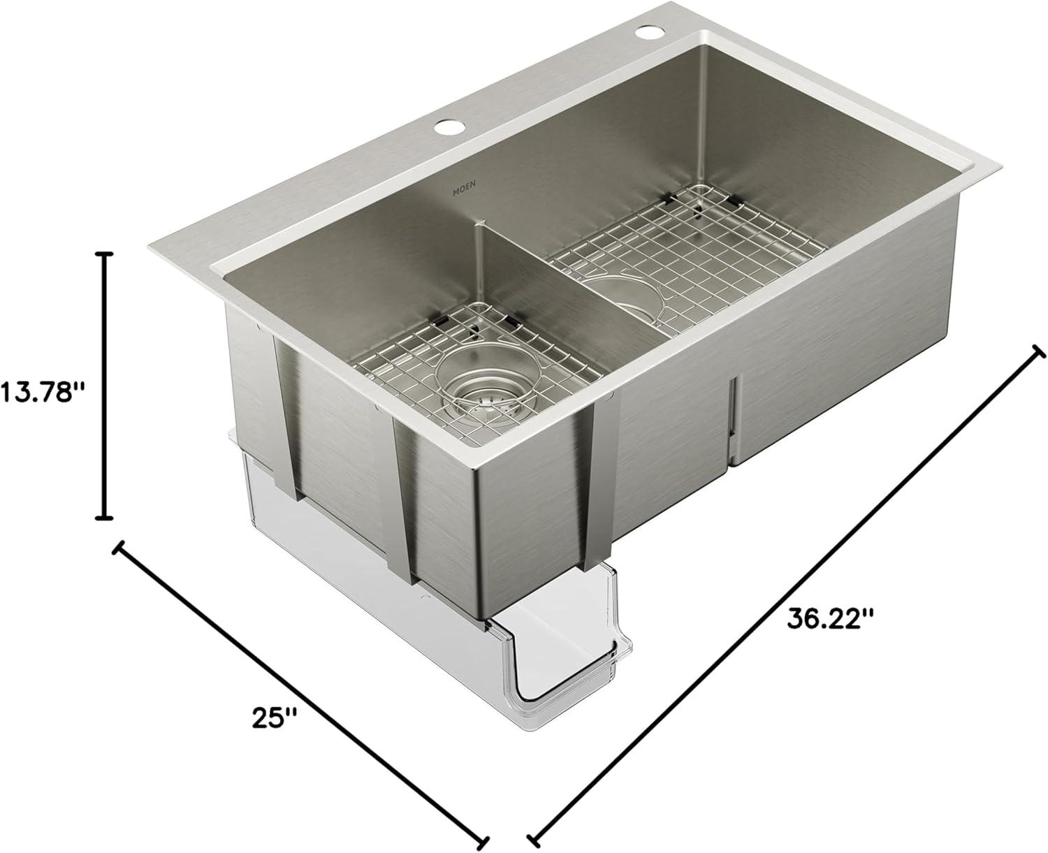image:imageMoen GS161302B Luxe Chef Workstation System 33Inch Dual Mount Double Bowl Kitchen Sink Stainless SteelDouble Bowl