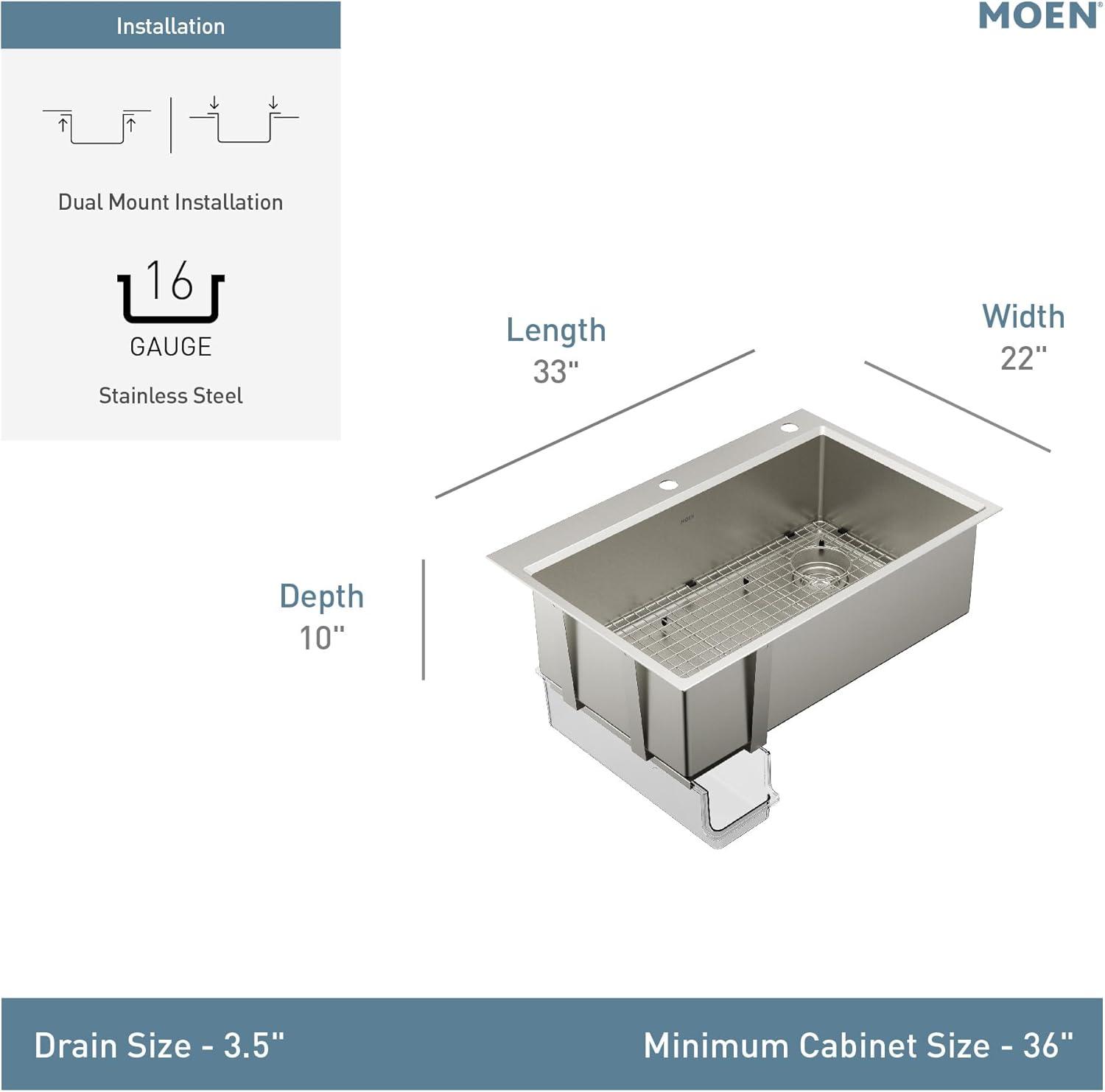 image:imageMoen GS161302B Luxe Chef Workstation System 33Inch Dual Mount Double Bowl Kitchen Sink Stainless SteelSingle Bowl