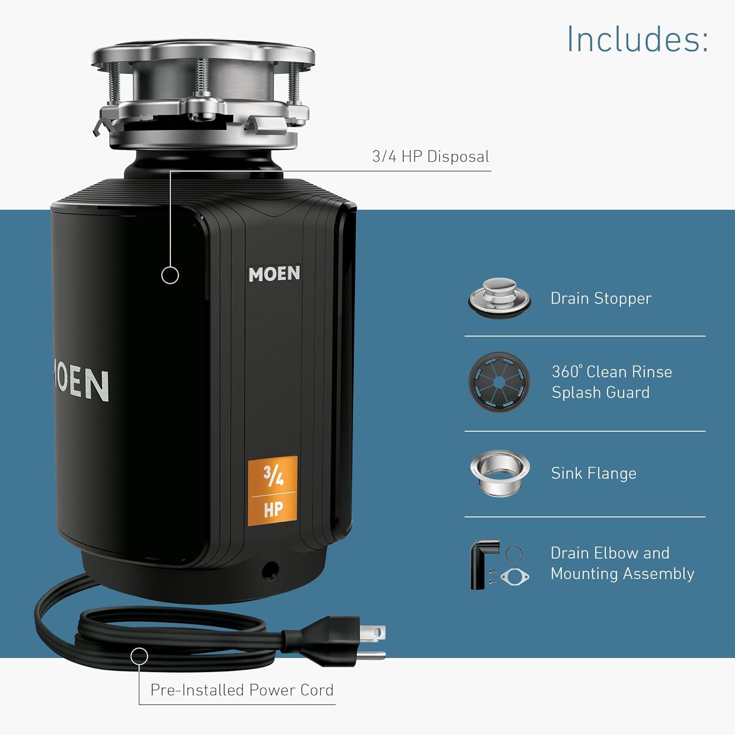 image:imageMoen Host Series 34 HP Continuous Feed Garbage Disposal with Sound Reduction for Kitchen Sink Power Cord Included GXS75C34 HP