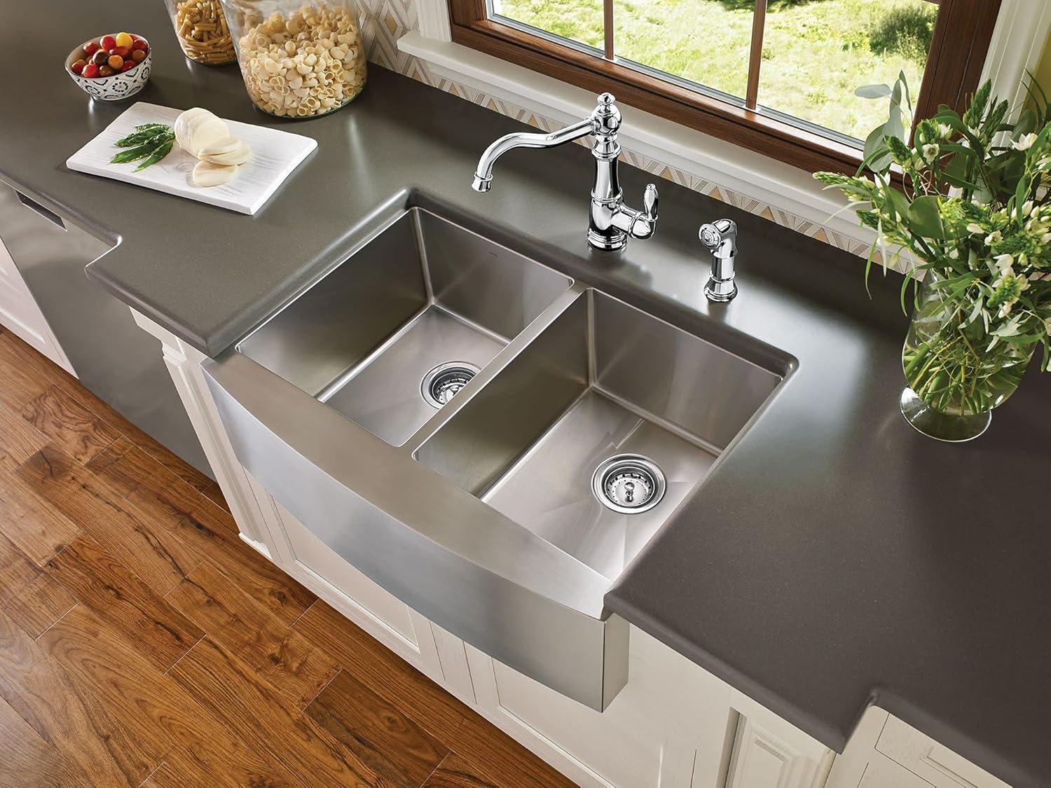 image:imageMoen Prep 18Gauge Stainless Steel Undermount Farmhouse Apron Front 30 x 21 Double Bowl Kitchen Sink G18220
