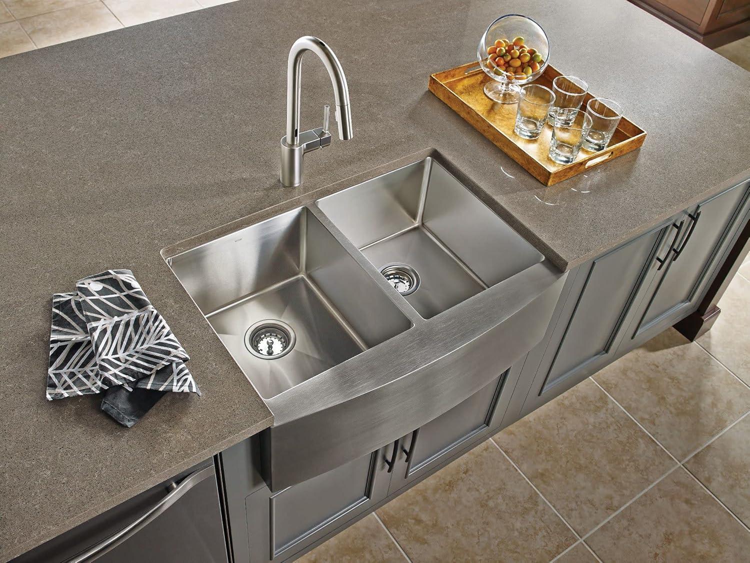 image:imageMoen Prep 18Gauge Stainless Steel Undermount Farmhouse Apron Front 30 x 21 Double Bowl Kitchen Sink G18220