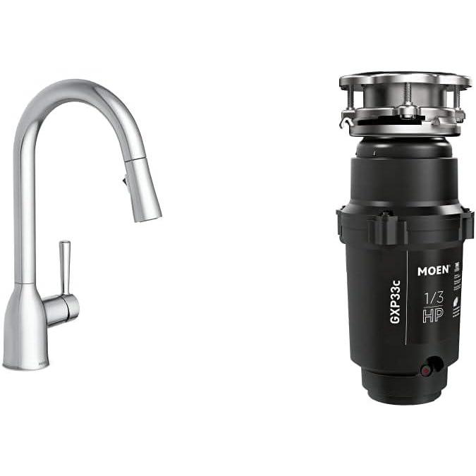 image:imageMoen 87233 Adler Chrome OneHandle High Arc Kitchen Sink Faucet with Pull Down Sprayer Bundle with Moen GXP33C Lite Series PRO Black 13 HP Continuous Feed Garbage Disposal13 HP
