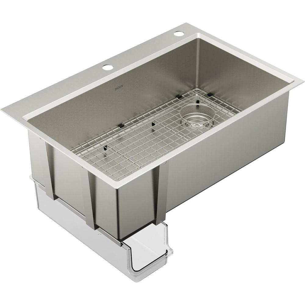 image:imageMoen GS161302B Luxe Chef Workstation System 33Inch Dual Mount Double Bowl Kitchen Sink Stainless SteelSingle Bowl