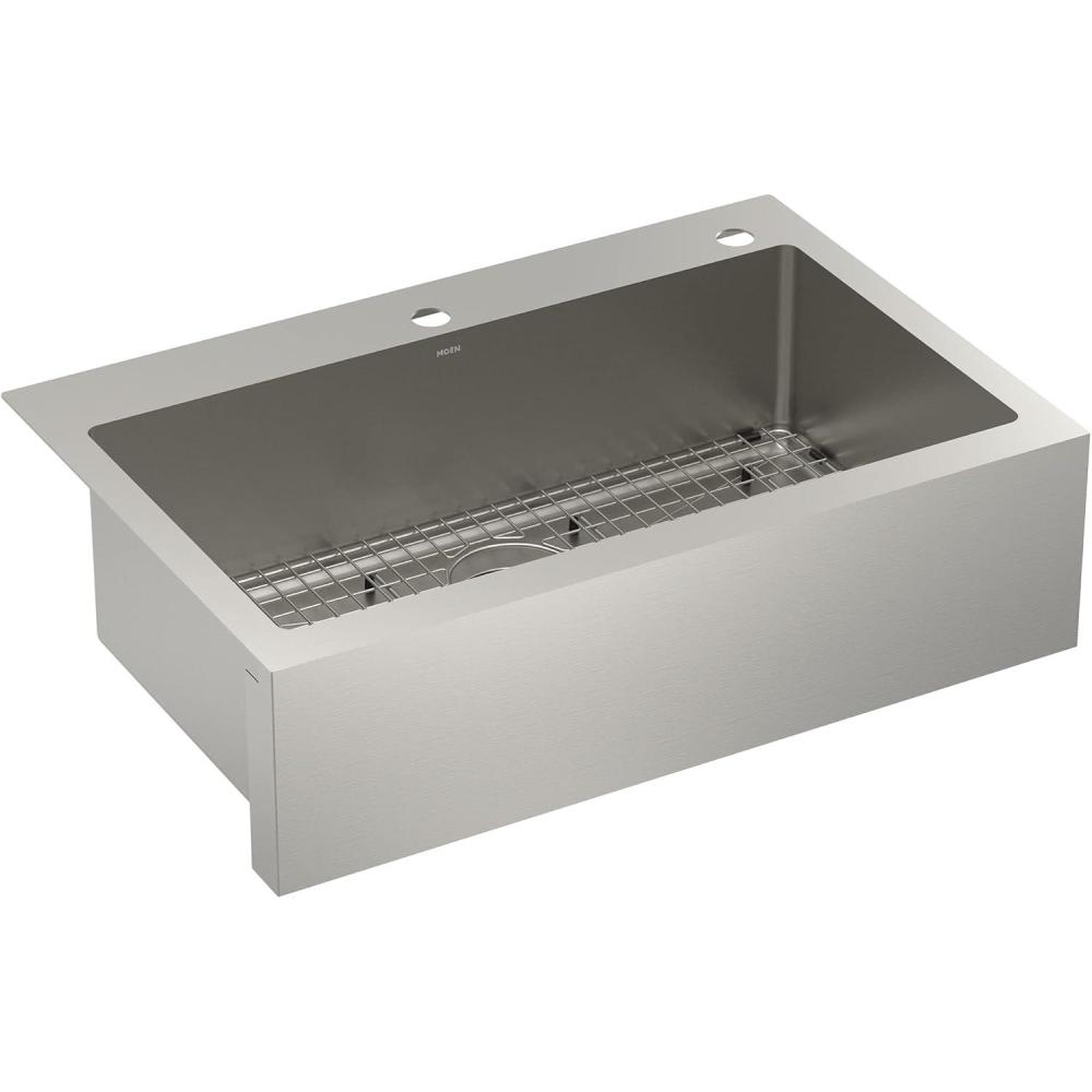 image:imageMoen Prep 18Gauge Stainless Steel Dual Mount 33 x 22 x 9 Double Bowl LowDivide Kitchen Sink with Bottom Grids Included GS182082BApron Front