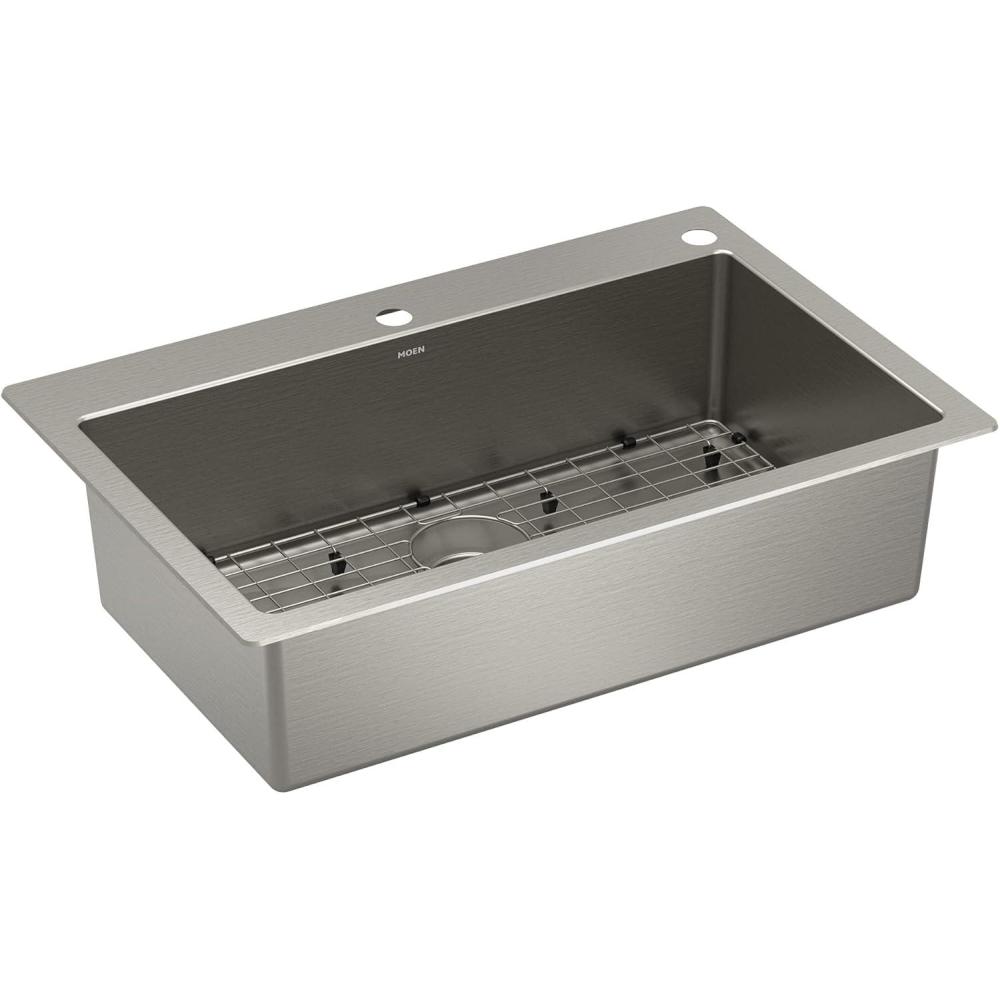 image:imageMoen Prep 18Gauge Stainless Steel Dual Mount 33 x 22 x 9 Double Bowl LowDivide Kitchen Sink with Bottom Grids Included GS182082BSingle Bowl