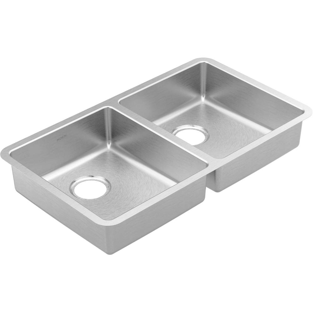 image:imageMoen Prep 18Gauge Stainless Steel Undermount 3175 x 185 x 55 Double Bowl Kitchen Sink with Rear Drains GS18260B