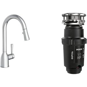 Moen 87233 Adler Chrome One-Handle High Arc Kitchen Sink Faucet with Pull Down Sprayer, Bundle with Moen GXP33C Lite Series PRO Black 1/3 HP Continuous Feed Garbage Disposal(1/3 HP)