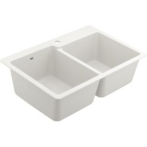 Moen Host White Granite 33-Inch Wide x 9.5-Inch Deep Dual Mount Double Bowl Kitchen Sink, GGW3024B(Brushed)