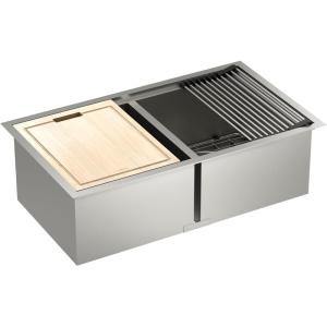 Moen Luxe Chef 18-Gauge Stainless Steel Undermount Apron Front 33″ x 22″ Single Bowl Workstation Sink, Includes Cutting Board, Flexible Drying Rack, Colander, Bottom Sink Grid, and Drain, GS181050BUX(Undermount)