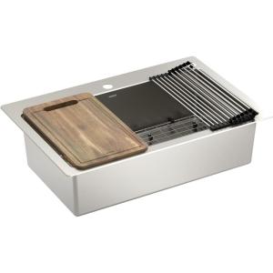 Moen Luxe Chef 18-Gauge Stainless Steel Undermount Apron Front 33″ x 22″ Single Bowl Workstation Sink, Includes Cutting Board, Flexible Drying Rack, Colander, Bottom Sink Grid, and Drain, GS181050BUX(Dual Mount)