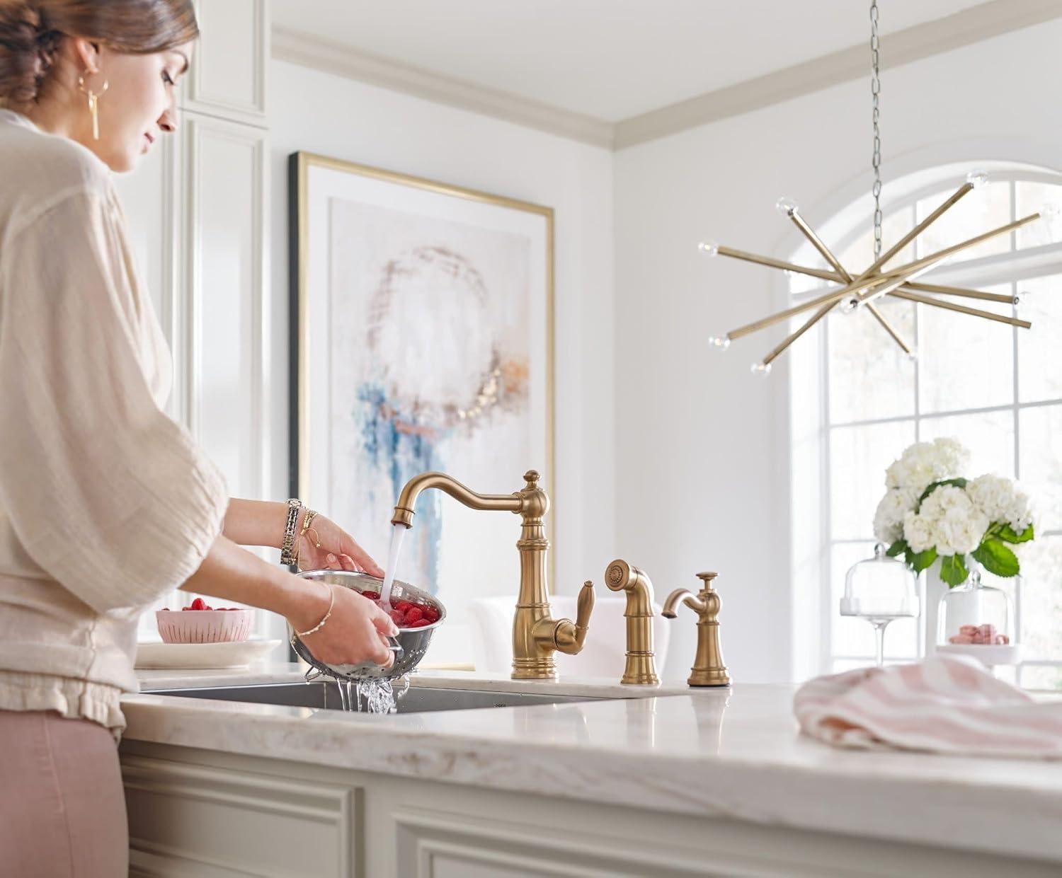 image:imageMoen S3945SRS Traditional Deck Mounted Kitchen Soap Dispenser with Above the Sink Refillable Bottle Spot Resist StainlessBrushed Gold