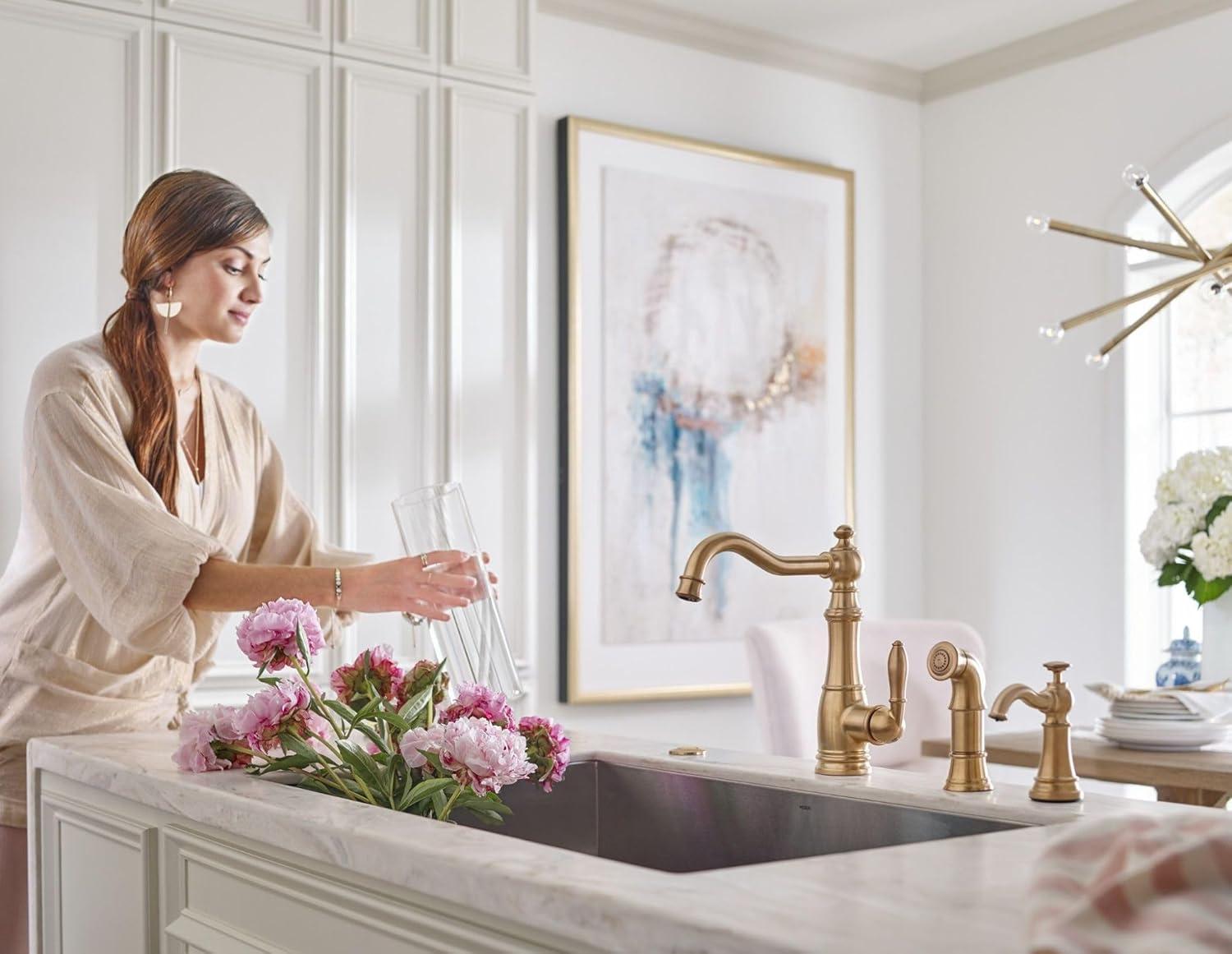 image:imageMoen S3945SRS Traditional Deck Mounted Kitchen Soap Dispenser with Above the Sink Refillable Bottle Spot Resist StainlessBrushed Gold