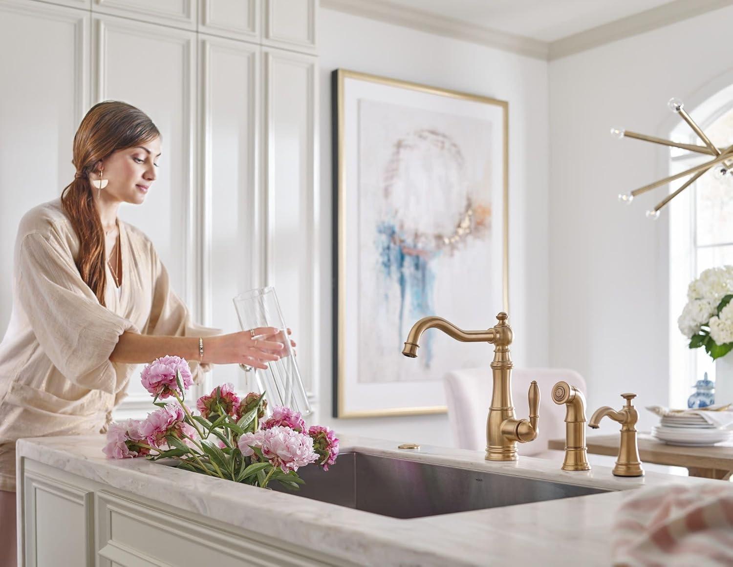 image:imageMoen S3945SRS Traditional Deck Mounted Kitchen Soap Dispenser with Above the Sink Refillable Bottle Spot Resist StainlessBrushed Gold