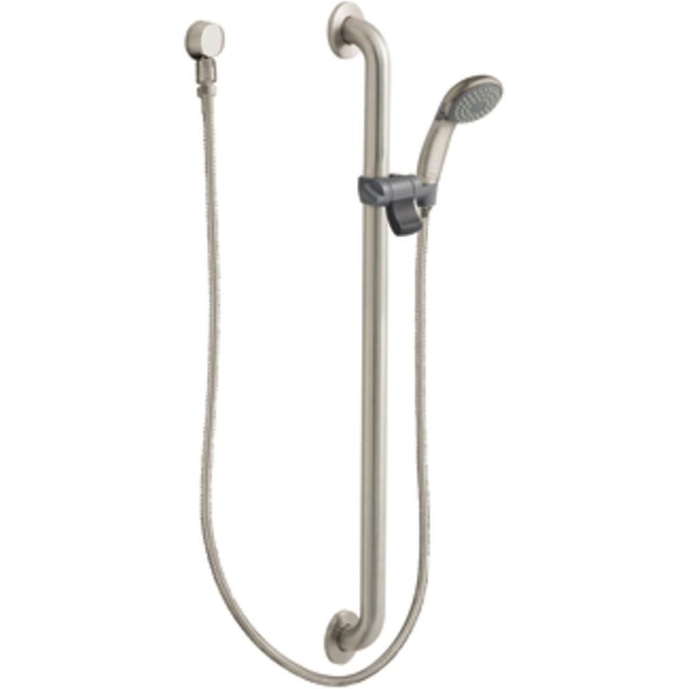 image:imageMoen 52236GBM15CBN Commercial MDura Slide BarGrab Bar with Hand Shower 112Inch x 36Inch 15gpm Classic Brushed NickelStainless