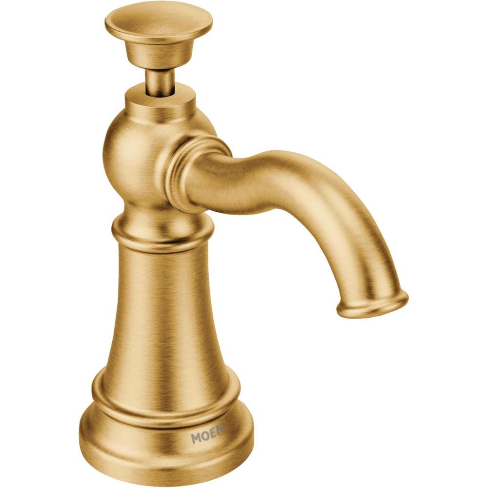 image:imageMoen S3945SRS Traditional Deck Mounted Kitchen Soap Dispenser with Above the Sink Refillable Bottle Spot Resist StainlessBrushed Gold
