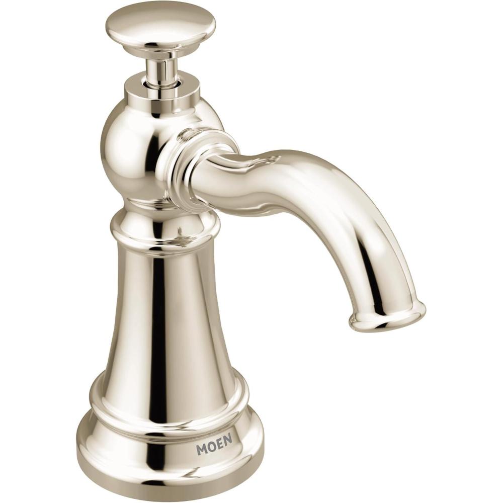 image:imageMoen S3945SRS Traditional Deck Mounted Kitchen Soap Dispenser with Above the Sink Refillable Bottle Spot Resist StainlessPolished Nickel