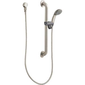 Moen 52224GBM15CBN Commercial M-Dura 24-Inch Slide Bar/Grab Bar with Hand Shower, 1-1/2-Inch x 24-Inch, 1.5-gpm, Classic Brushed Nickel/Stainless
